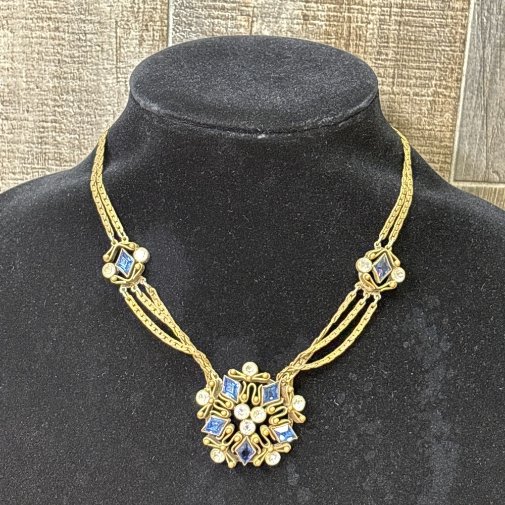 Vintage Art Deco Czech Blue Glass Festoon Necklace Multi Strand Rhinestone